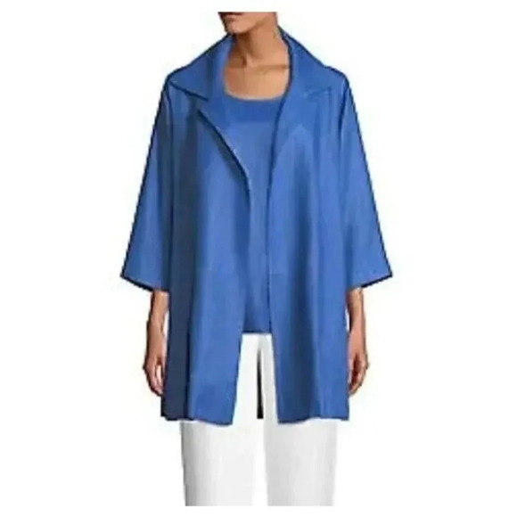 Caroline Rose Women Size 1X Blue 100% Linen Open Front 3/4 Sleeve Topper Jacket - Picture 1 of 8